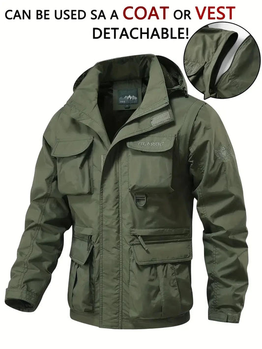 Detachable windproof sleeved hooded jacket suitable for outdoor activities