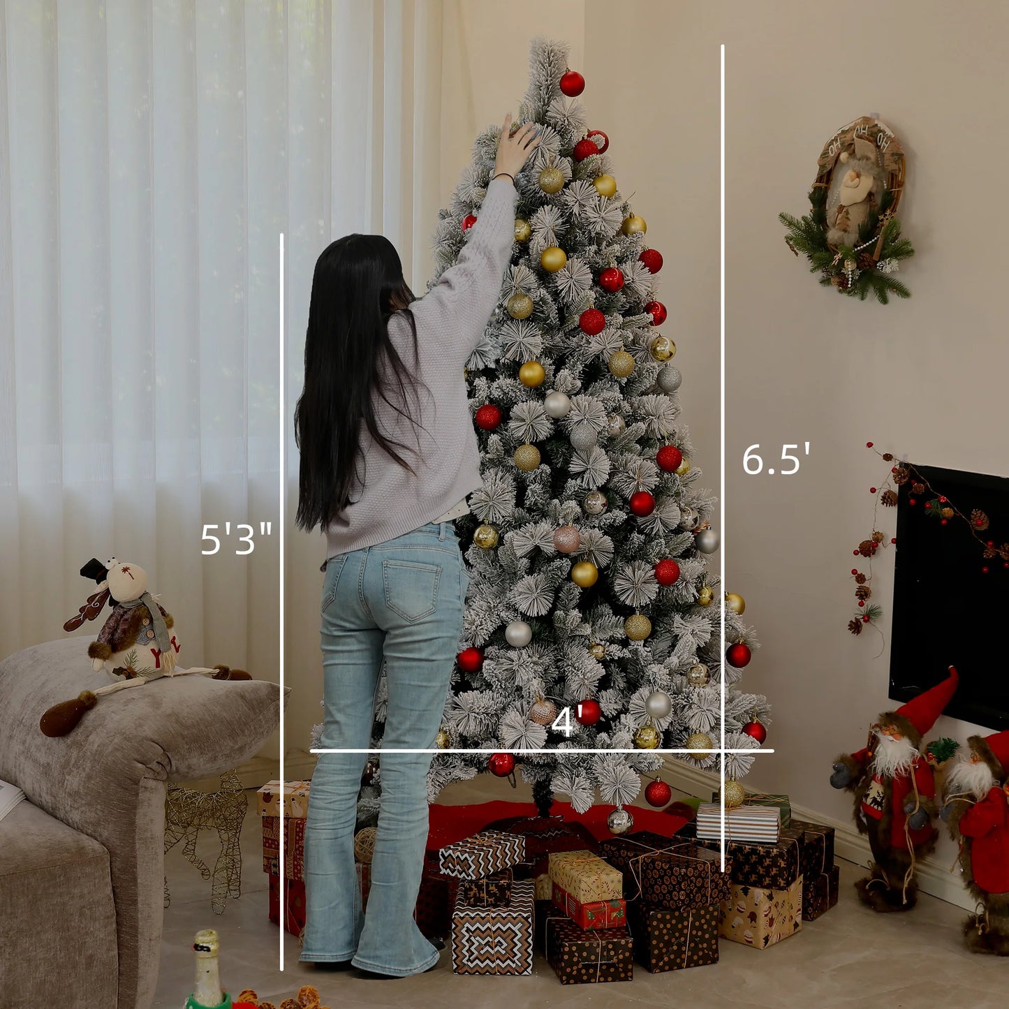 Homcom 6.5 ft Prelit Flocked Artificial Christmas Tree W/ 350 Clear Lights