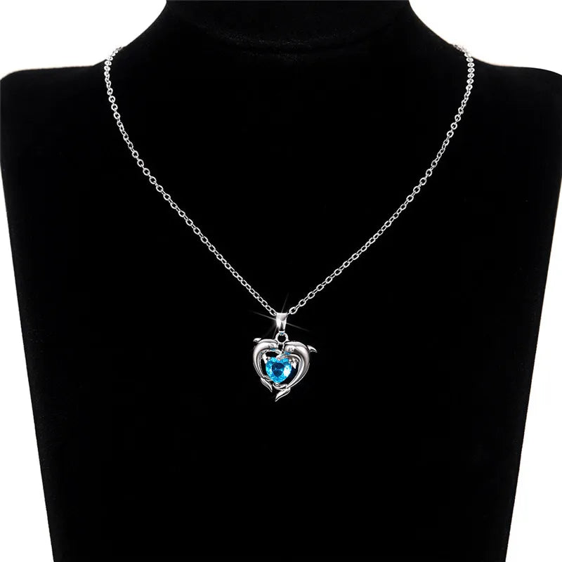925 Sterling Silver Dolphin Blue Heart CZ Necklace