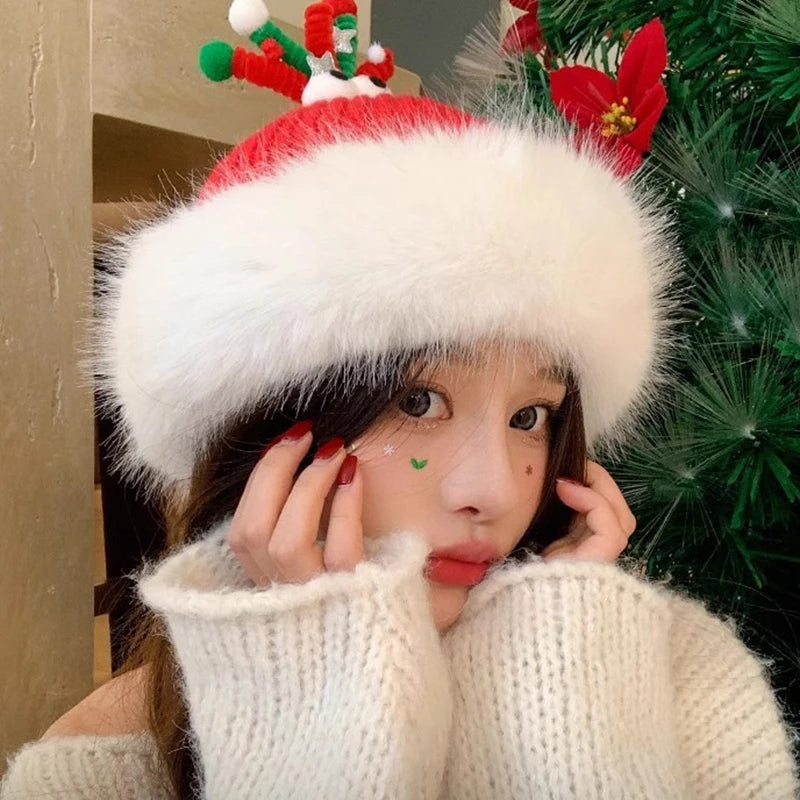 Cute Christmas Antlers Red Plush Hat for Children Winter Warmth Hat Hairy Knitted
