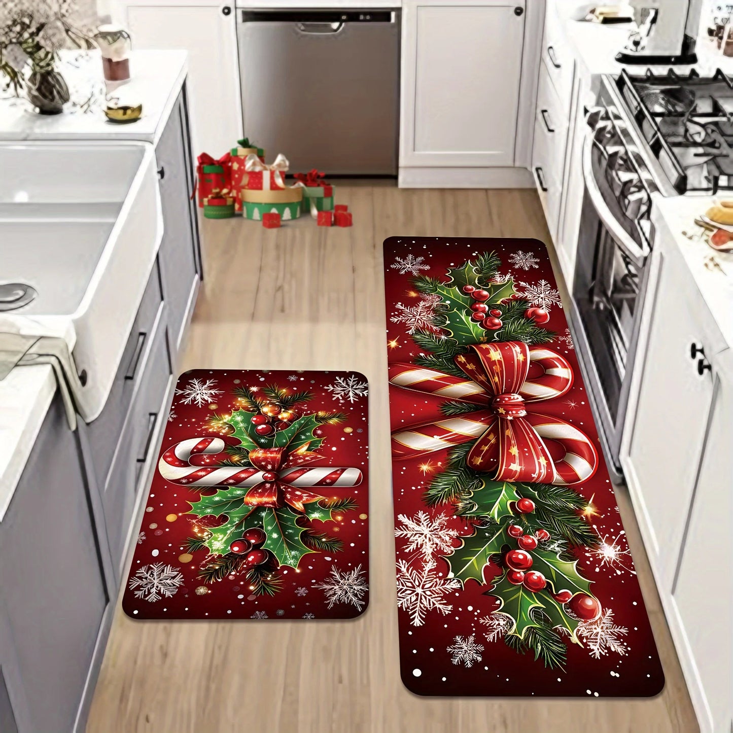 Merry Christmas Winter Decor Candy Canes Holly Snowflake Kitchen Mat