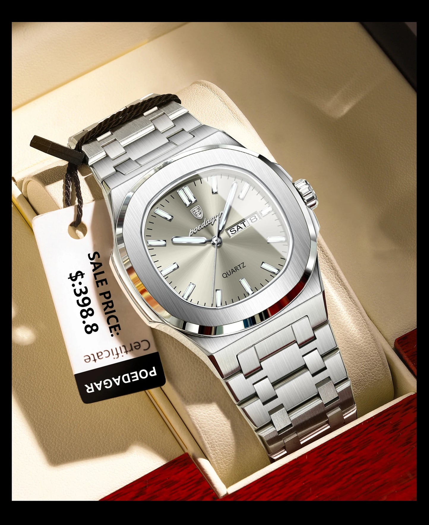 POEDAGAR Luxury Square Waterproof Stainless Steel Quartz Men's Watch