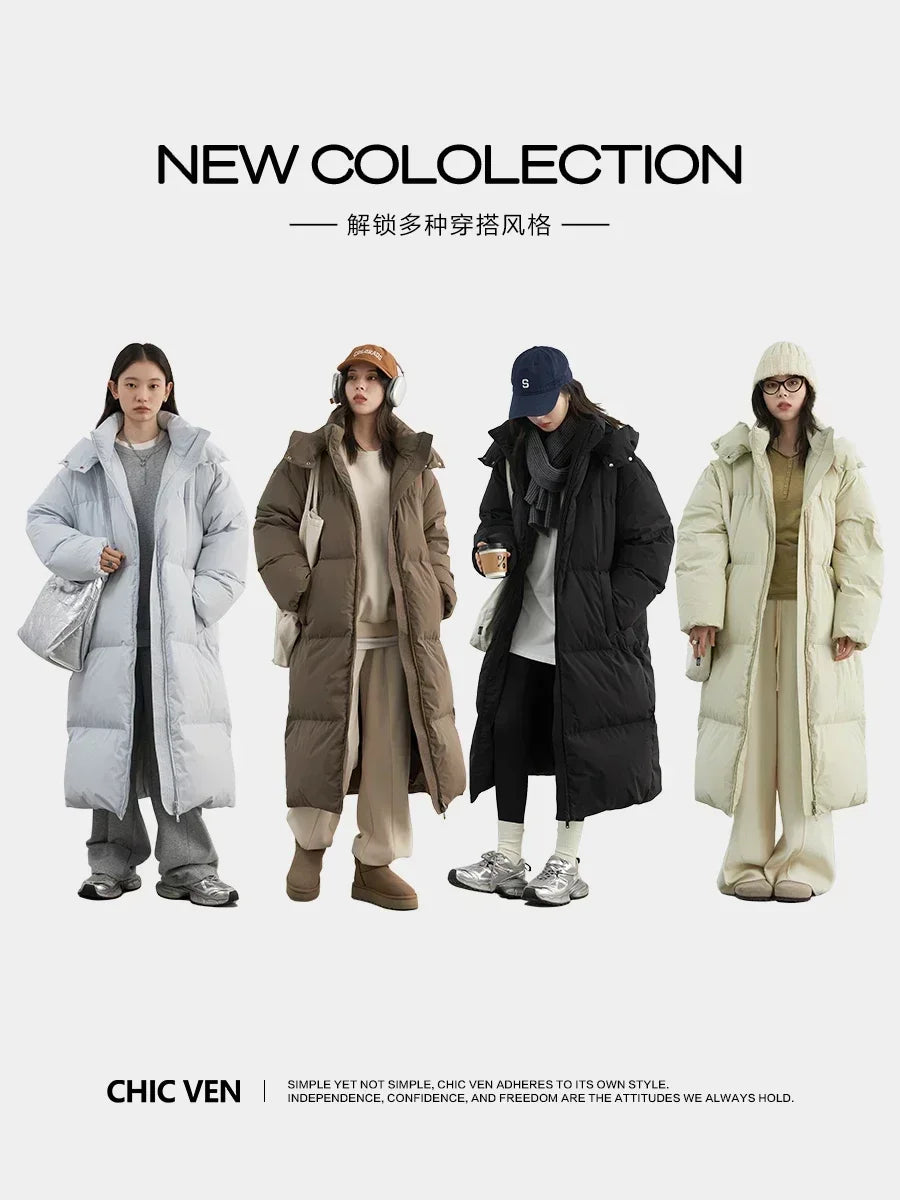 Women Down Coats Hooded Thick Loose Solid Female 90 White Duck Down Jacket