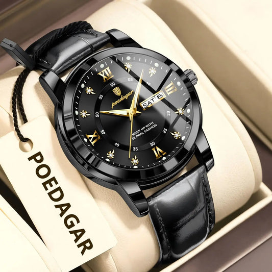 POEDAGAR  Luxury Man Watch  Waterproof Luminous Leather Men Wristwatch