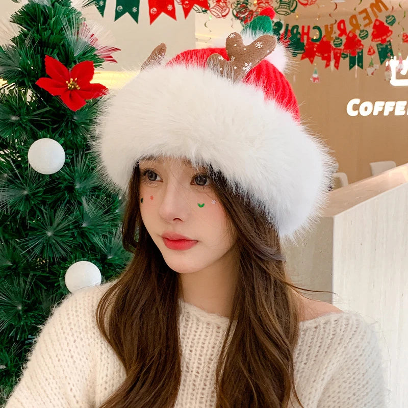 Cute Christmas Antlers Red Plush Hat for Children Winter Warmth Hat Hairy Knitted