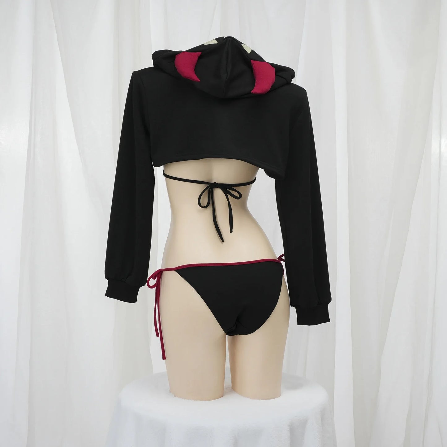Punk Devil Girls Bikini Set Hoodie Crop Top Long Sleeve Halloween Cosplay Underwear