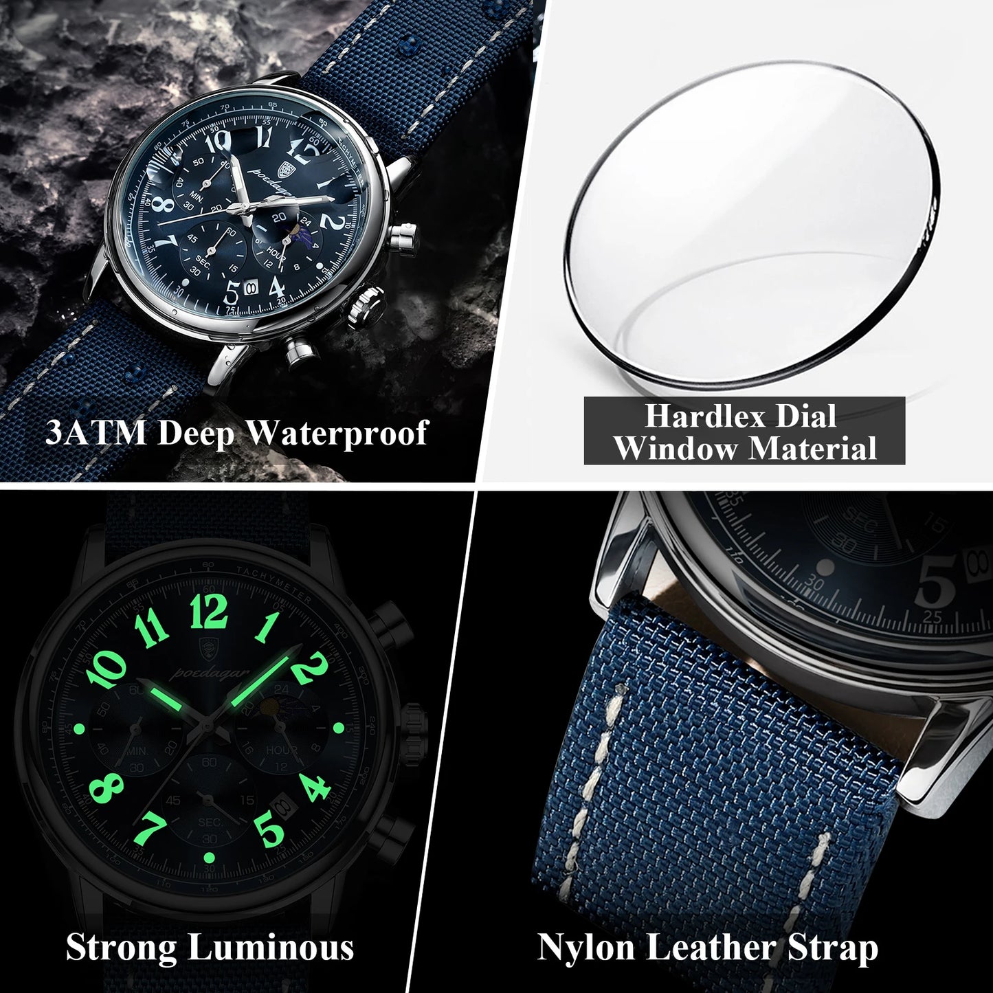 POEDAGAR Luxury  Waterproof Luminous Chronograph Nylon Leather  Wristwatch