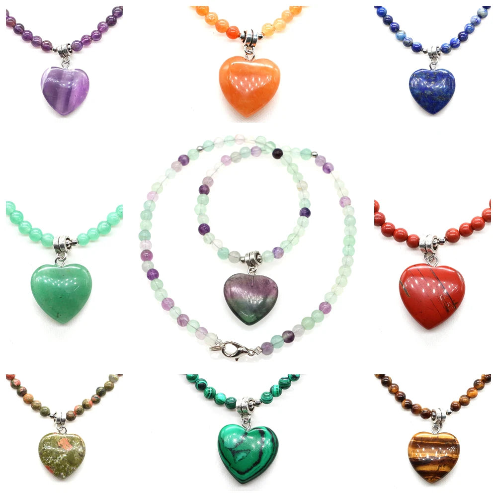 Mini Love Heart Shaped Stone Pendants Necklaces Natural Crystals