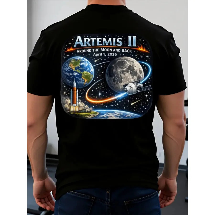 【New Arrival】Artemis II Mission Around the Moon and Back T-Shirt, Black NASA Space Exploration Graphic Tee, Astronaut Fans Casual Top