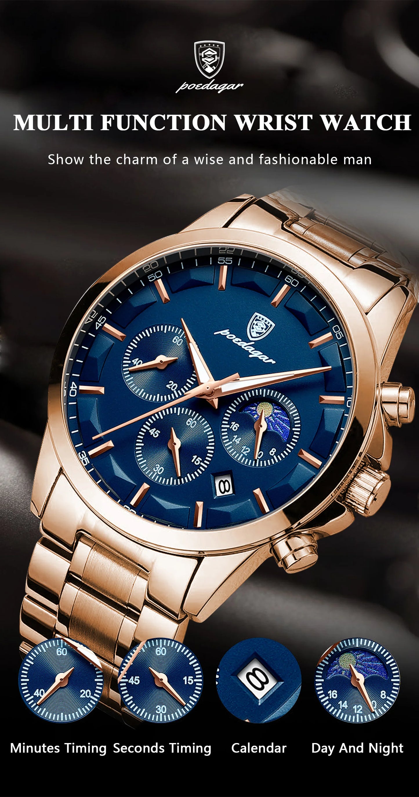 POEDAGAR Luxury  Wristwatch  Waterproof Luminous Chronograph Men Watch