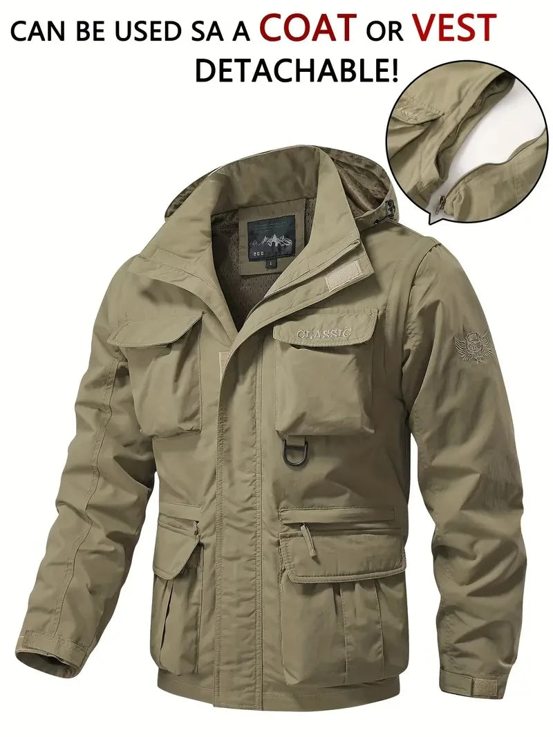 Detachable windproof sleeved hooded jacket suitable for outdoor activities