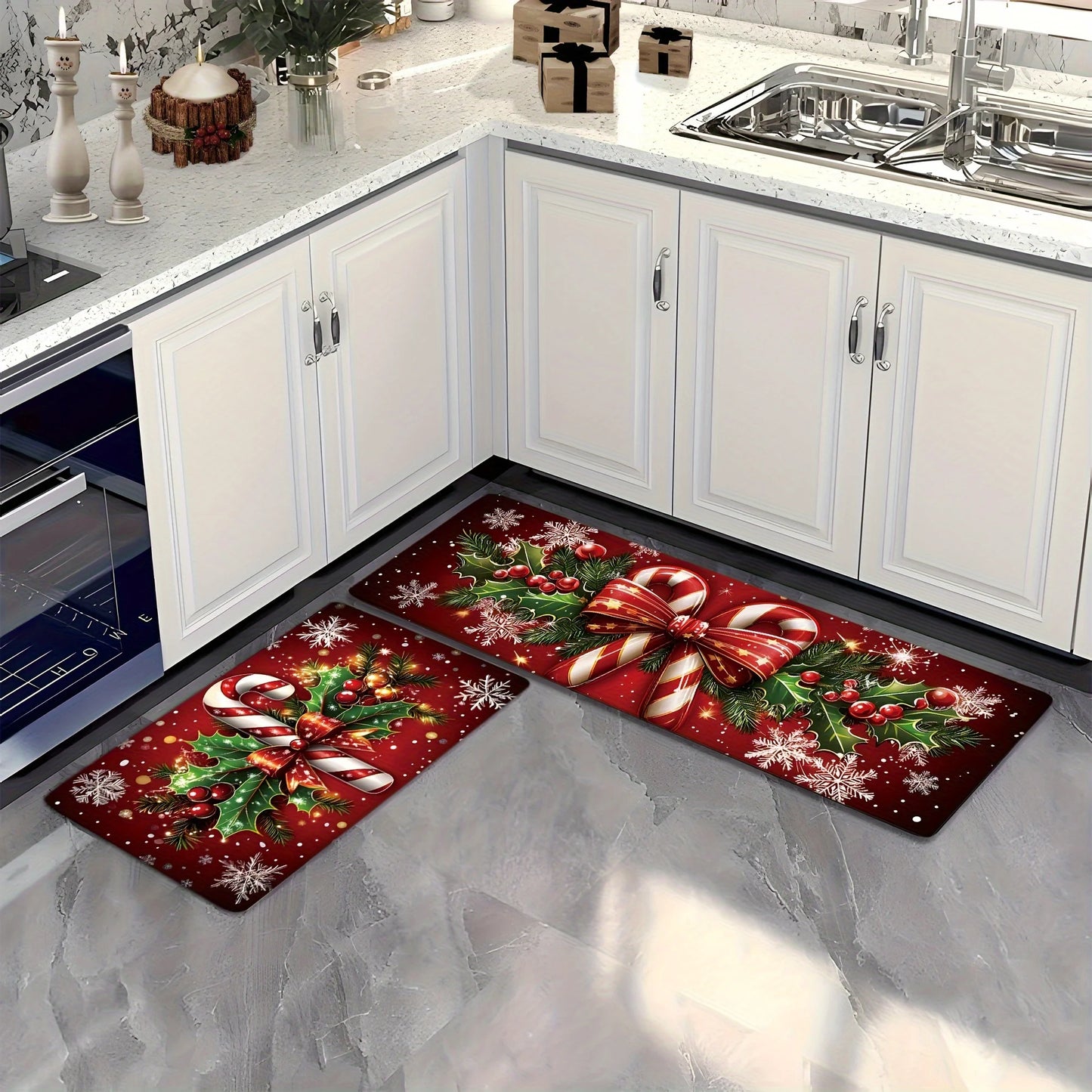Merry Christmas Winter Decor Candy Canes Holly Snowflake Kitchen Mat