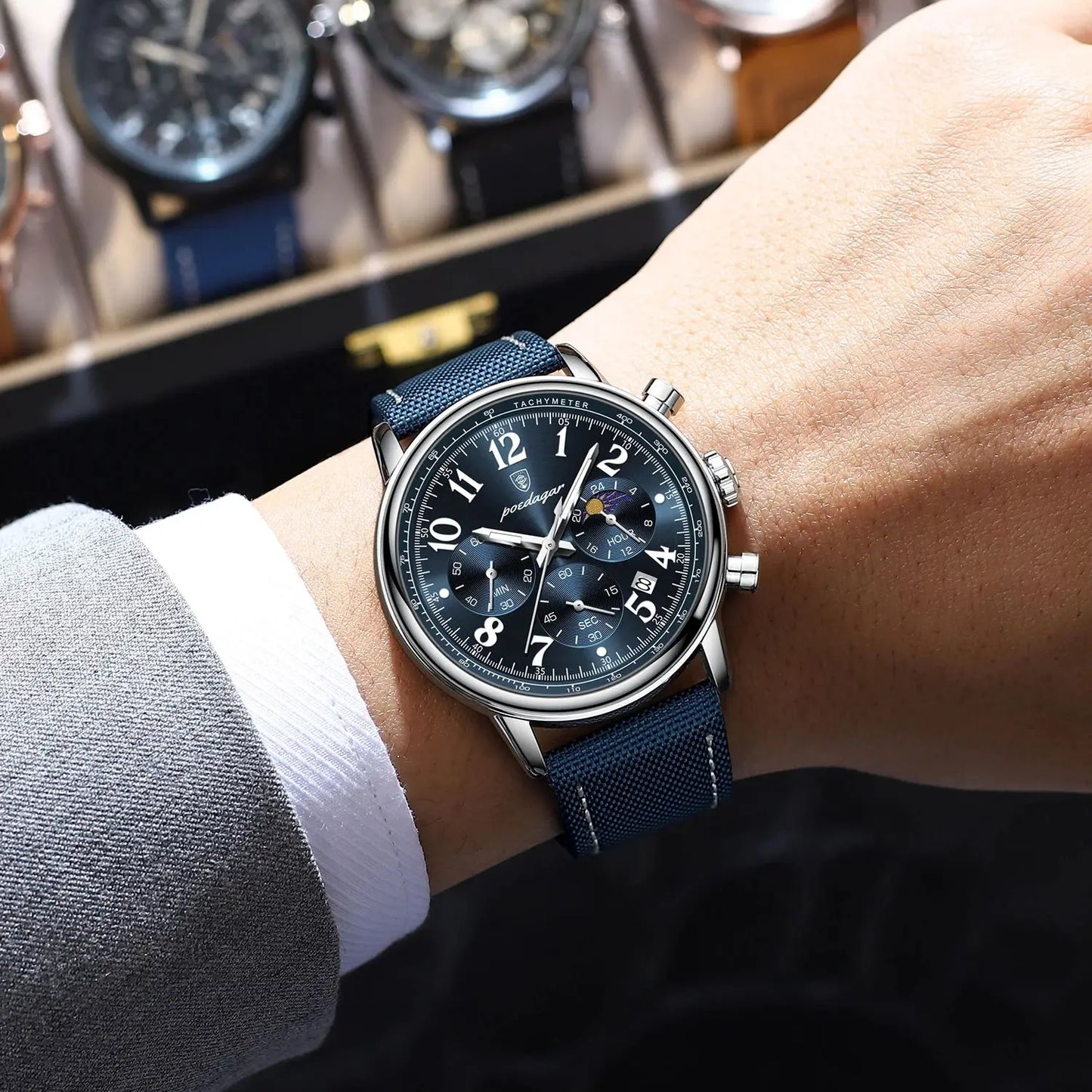 POEDAGAR Luxury  Waterproof Luminous Chronograph Nylon Leather  Wristwatch