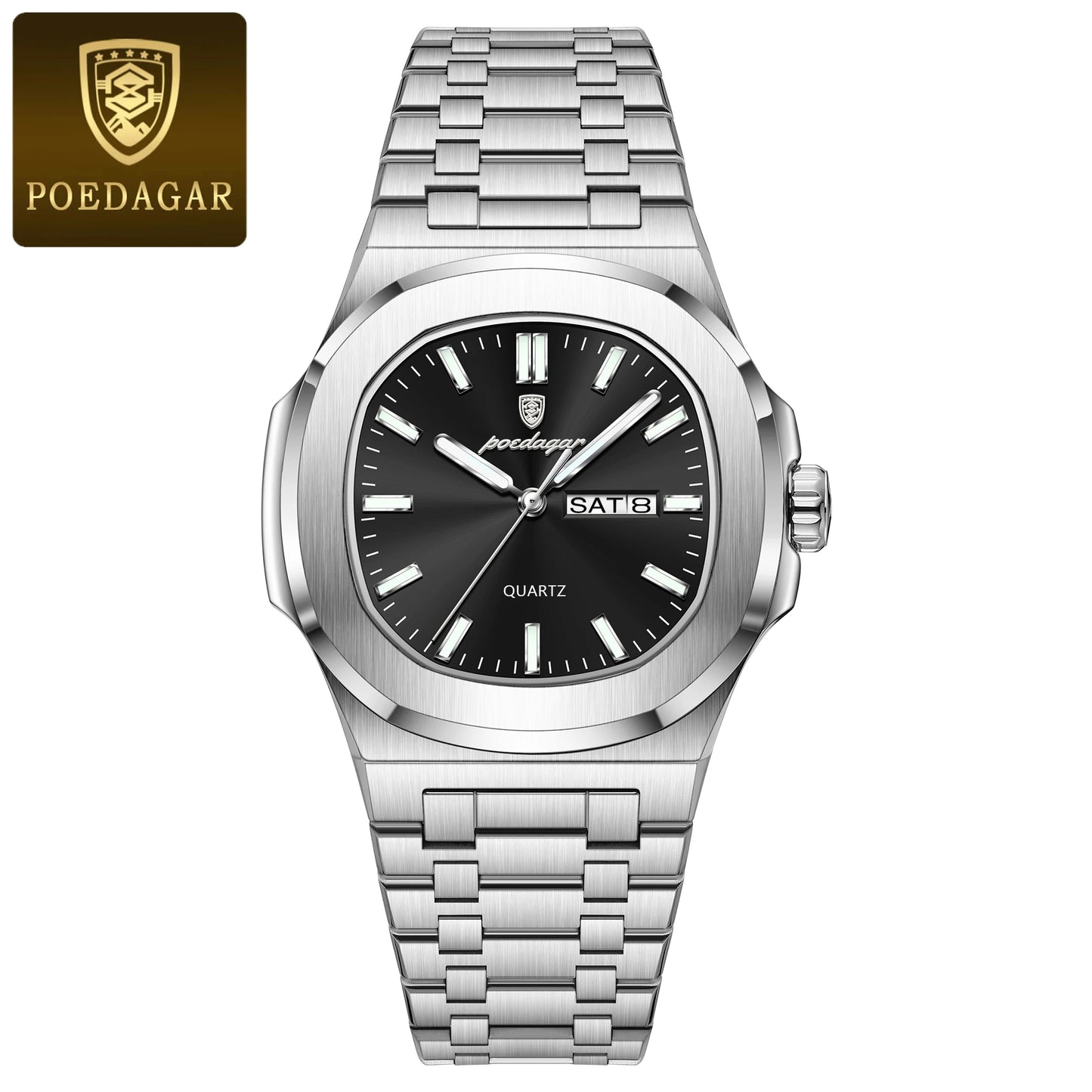 POEDAGAR Luxury Square Waterproof Stainless Steel Quartz Men's Watch