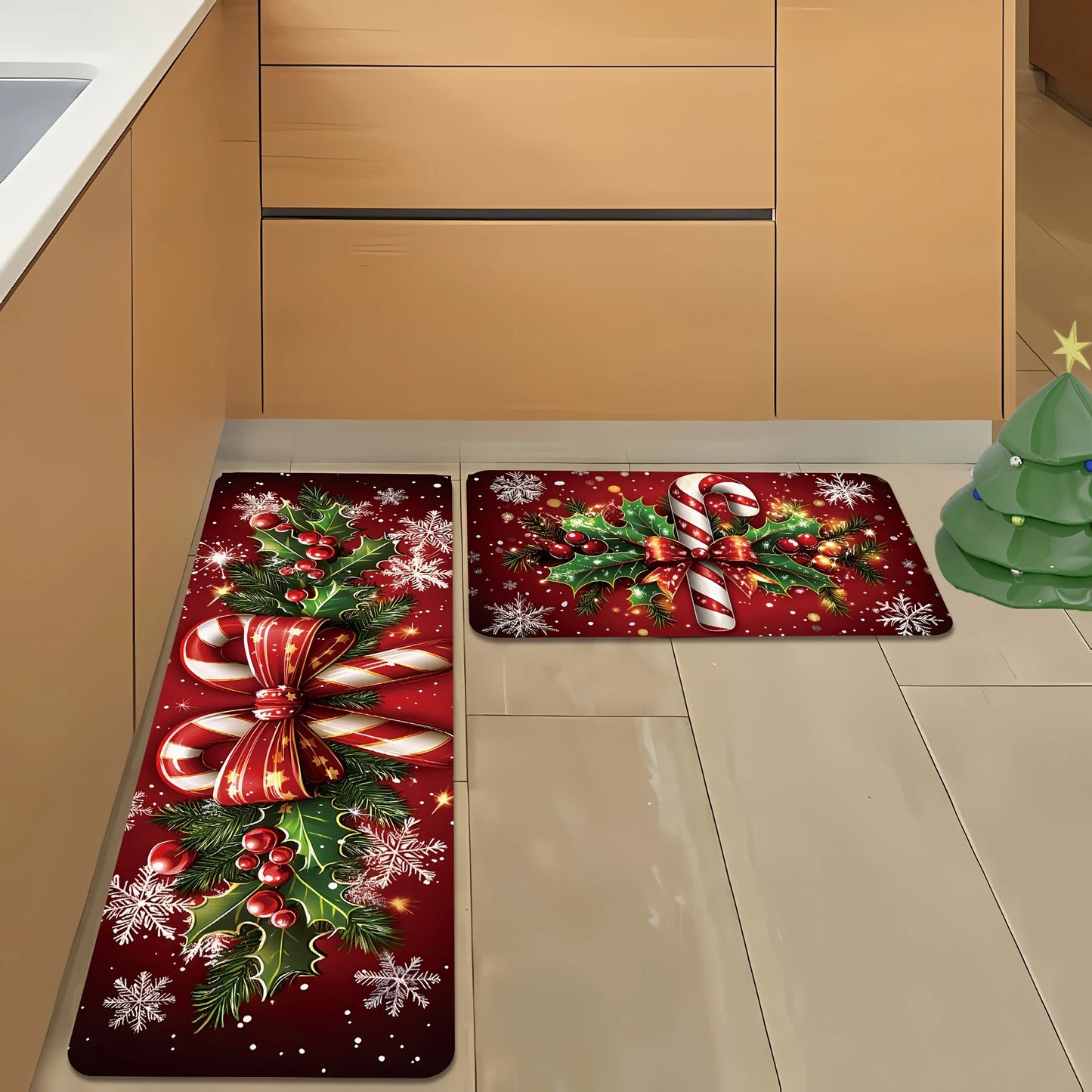 Merry Christmas Winter Decor Candy Canes Holly Snowflake Kitchen Mat