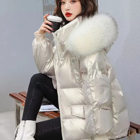 Winter Fashion New Warm Duck Down Jacket Women's Clothes Glossy Fur collar