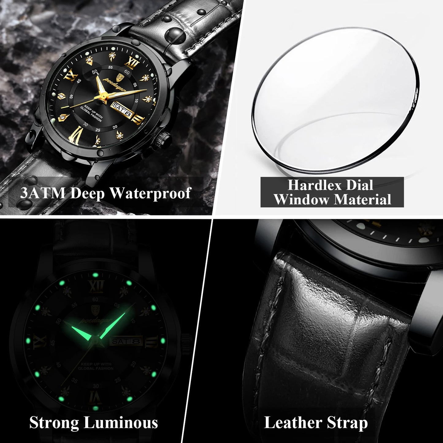 POEDAGAR  Luxury Man Watch  Waterproof Luminous Leather Men Wristwatch