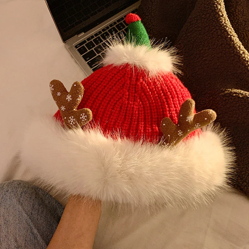 Cute Christmas Antlers Red Plush Hat for Children Winter Warmth Hat Hairy Knitted