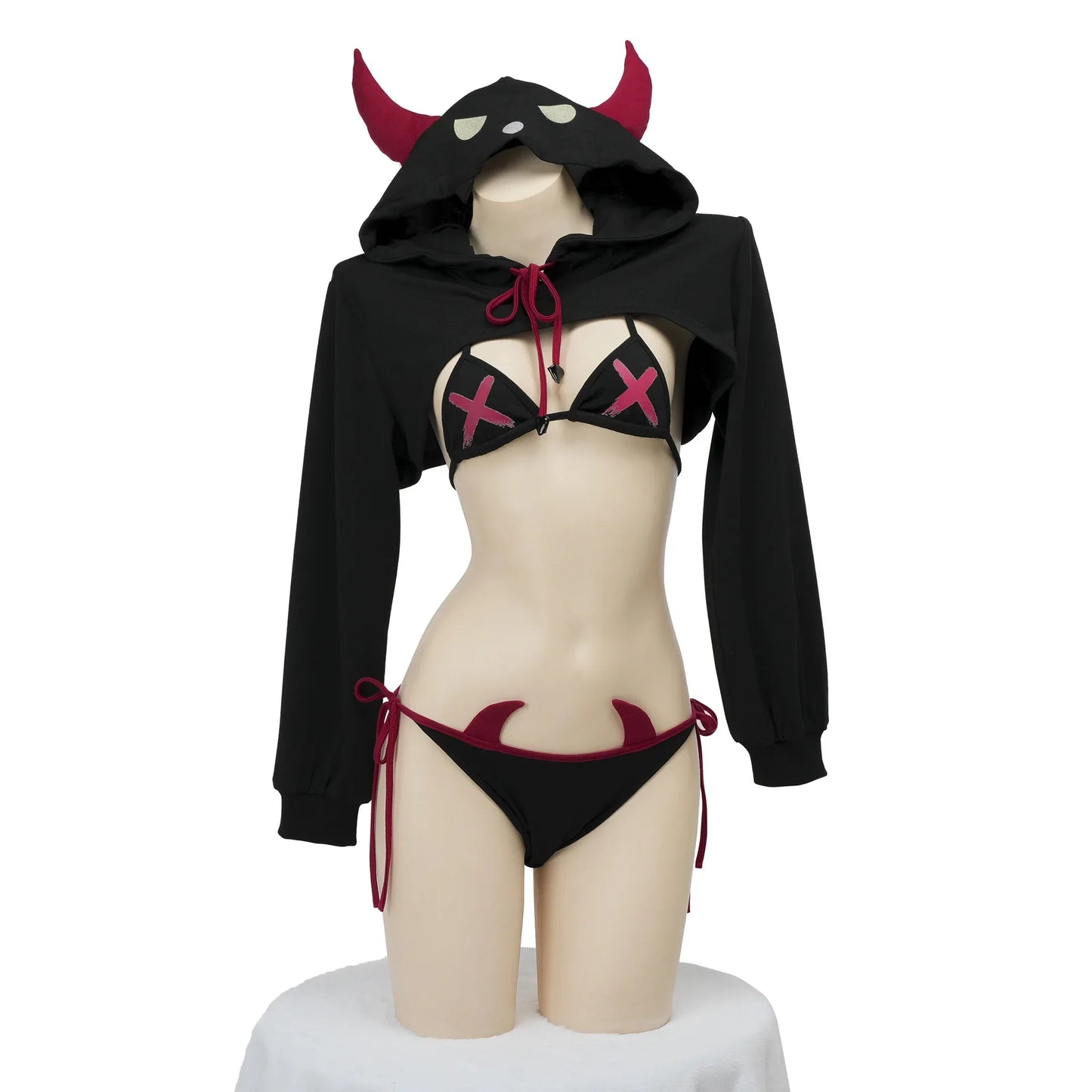 Punk Devil Girls Bikini Set Hoodie Crop Top Long Sleeve Halloween Cosplay Underwear