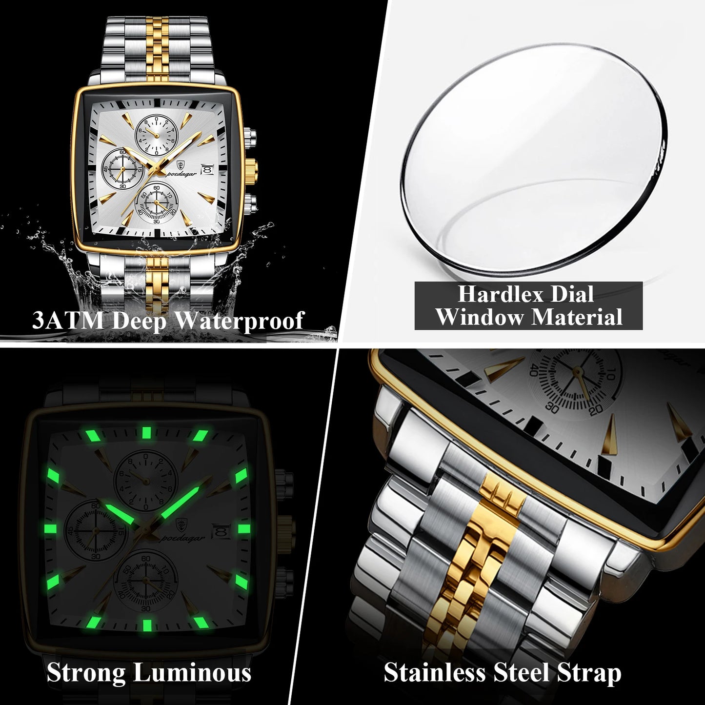 POEDAGAR Luxury Square Sport Man Wristwatch Waterproof Men's Watch