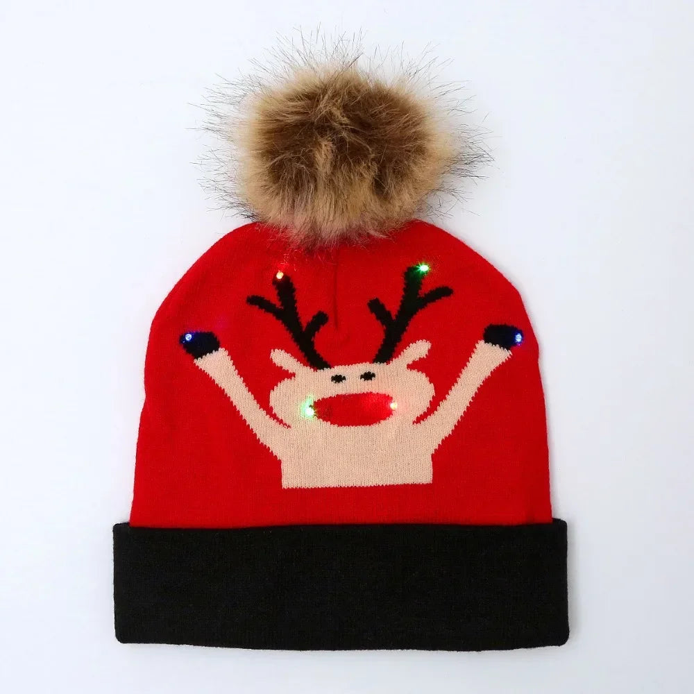 LED Christmas Knitted Hat Light Up Xmas Beanie Cap Unisex Winter Beanie