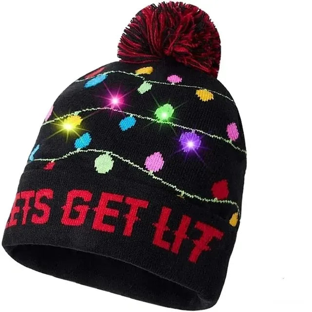 LED Christmas Knitted Hat Light Up Xmas Beanie Cap Unisex Winter Beanie