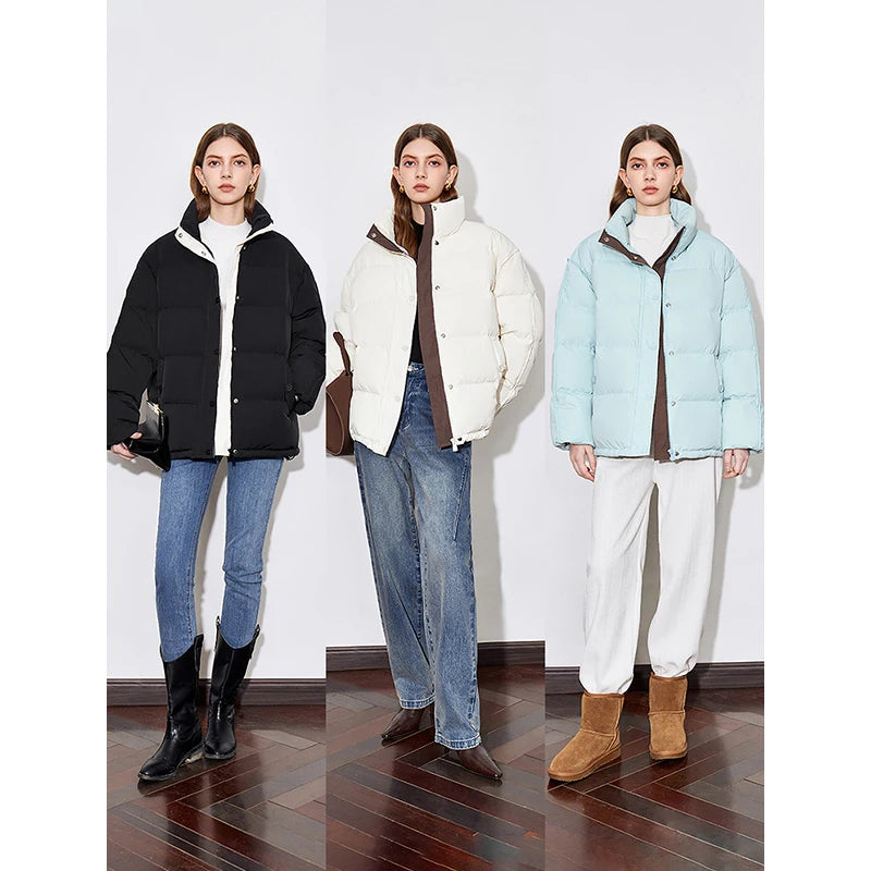 Women Down Jacket  Winter White Duck Down Fur Collar Hooded Warm Jacket