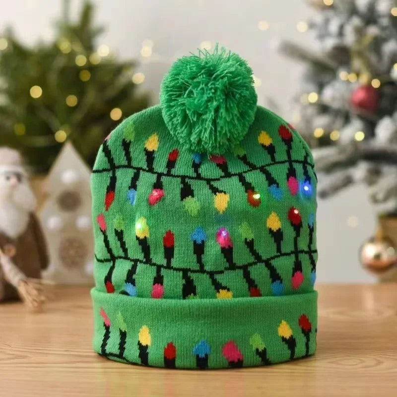LED Christmas Knitted Hat Light Up Xmas Beanie Cap Unisex Winter Beanie