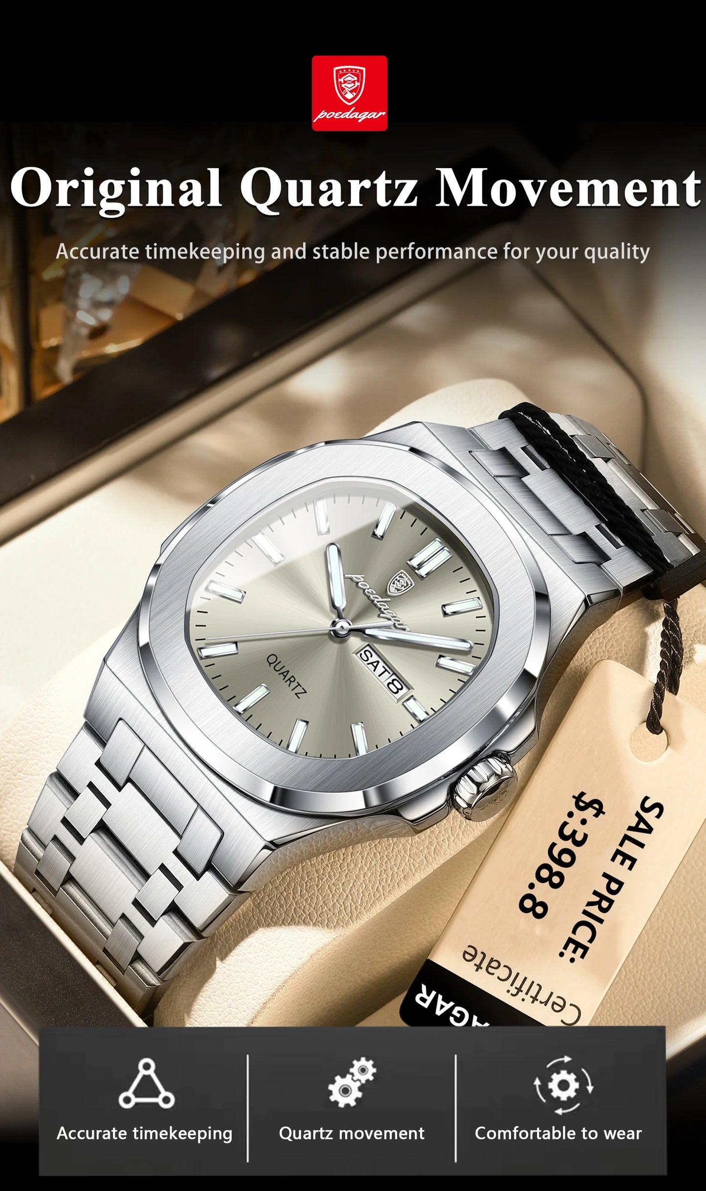 POEDAGAR Luxury Square Waterproof Stainless Steel Quartz Men's Watch