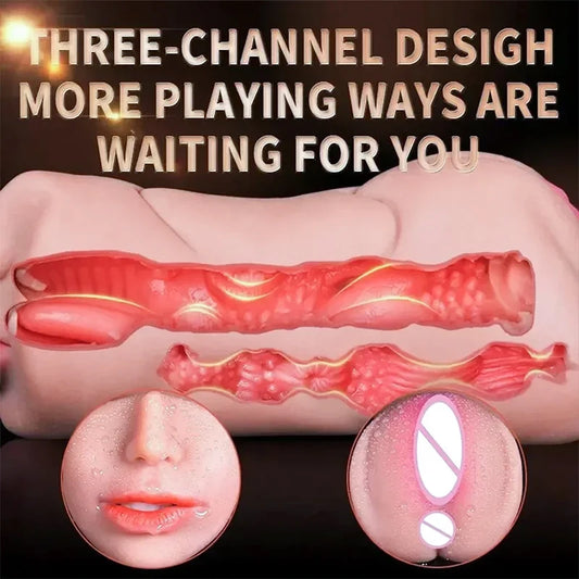 3 in 1 3D Textured Male Sex Toys with Sexy Mouth Realistic Vaginal and Tight Anus