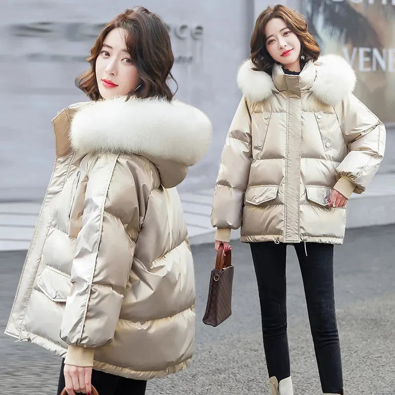 Winter Fashion New Warm Duck Down Jacket Women's Clothes Glossy Fur collar