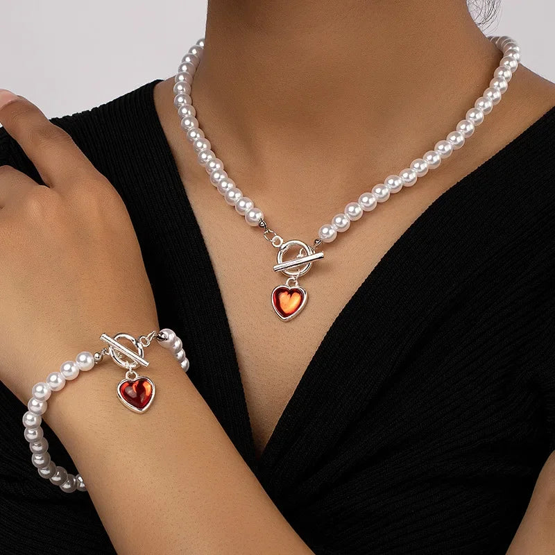 Pearl Necklace Bracelet Suit Red Heart Shape Pendant Collar Chain