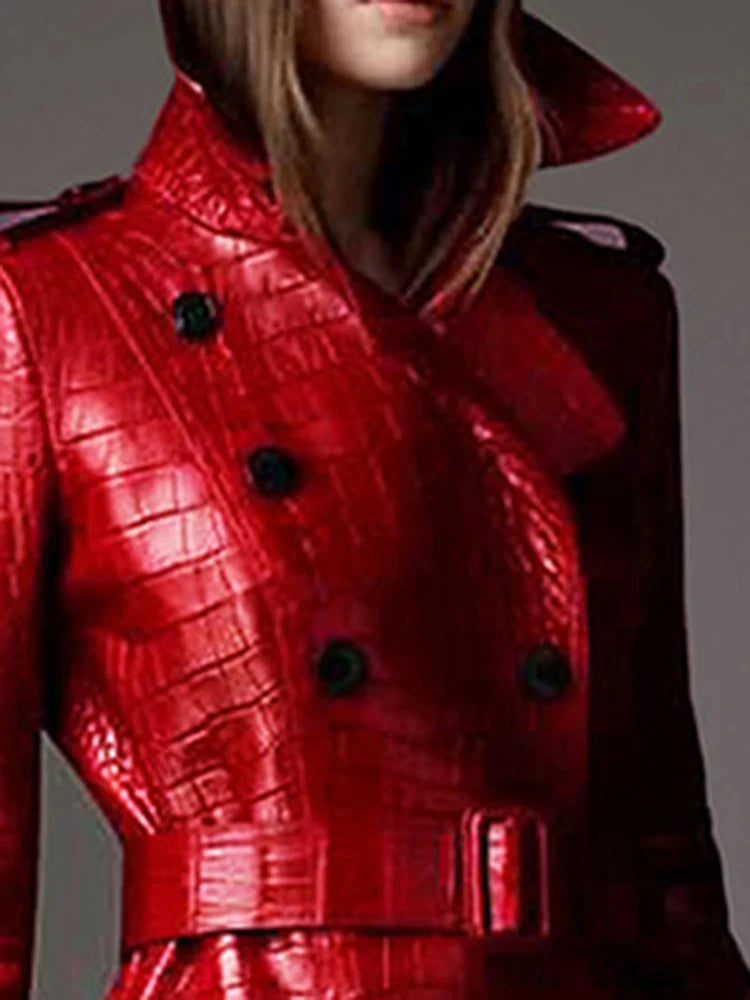 Long Red Crocodile Print Leather Trench Coat for Women