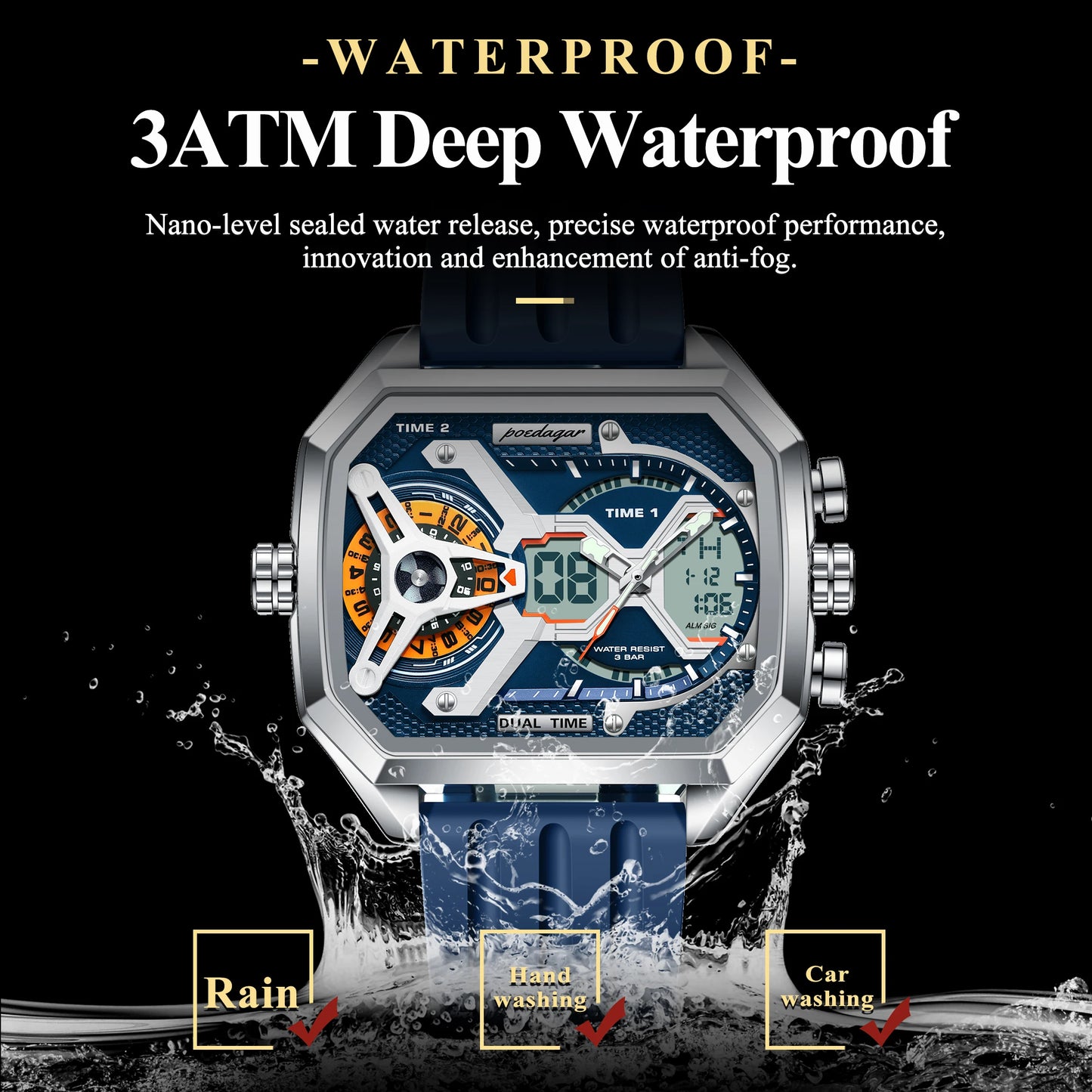 POEDAGAR Top Luxury Men Clock LED Calendar Week Luminous Man Wrist watch