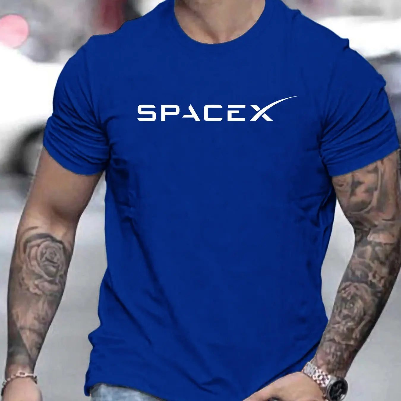 Men's Summer 100 Cotton Fashionable Casual Loose Large Size SPACEX Letter Pattern Printed Round Neck Short Sleeve T-shirt Top