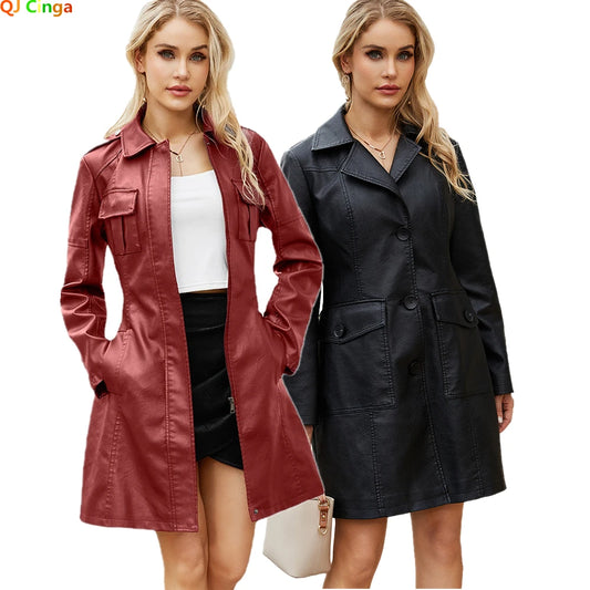 Red Long Waist Lace-up Leather Jacket Women's Long-sleeved Lapel PU Windbreaker Jacket Fashion Female Single-breasted Overcoat