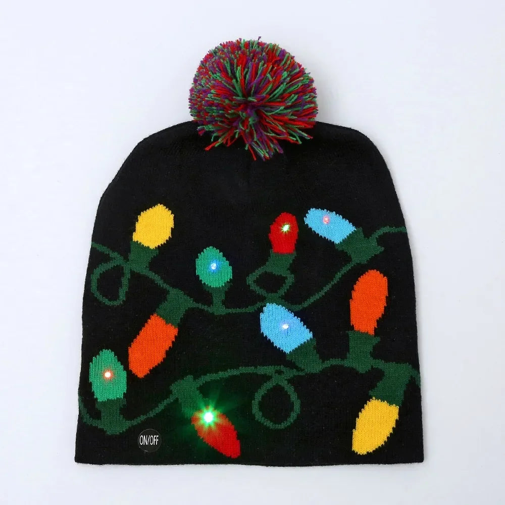 LED Christmas Knitted Hat Light Up Xmas Beanie Cap Unisex Winter Beanie