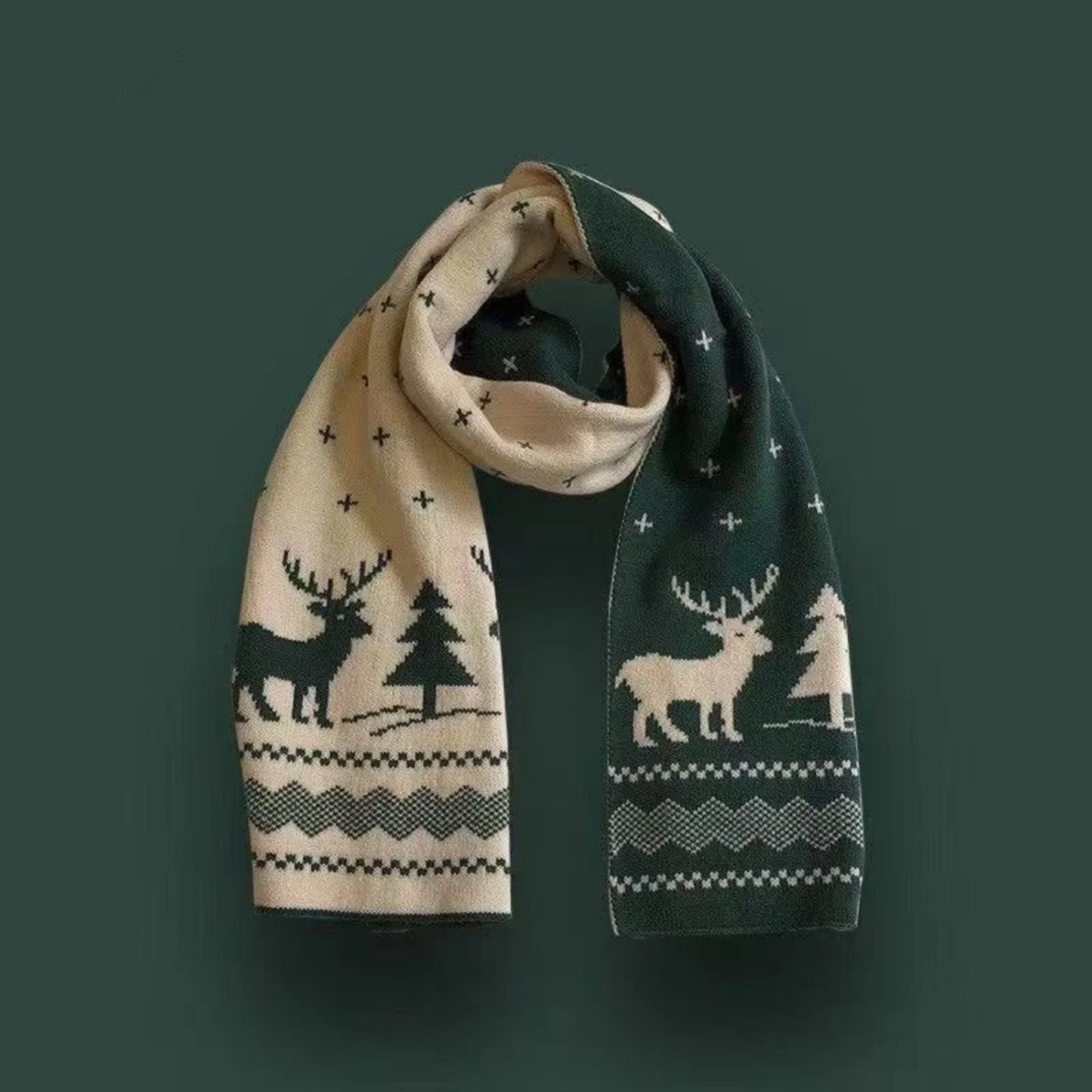 Knitted Warm Double-sided Pattern Winter Christmas Reindeer Scarf