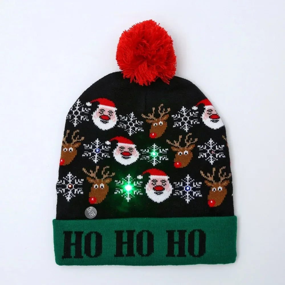 LED Christmas Knitted Hat Light Up Xmas Beanie Cap Unisex Winter Beanie