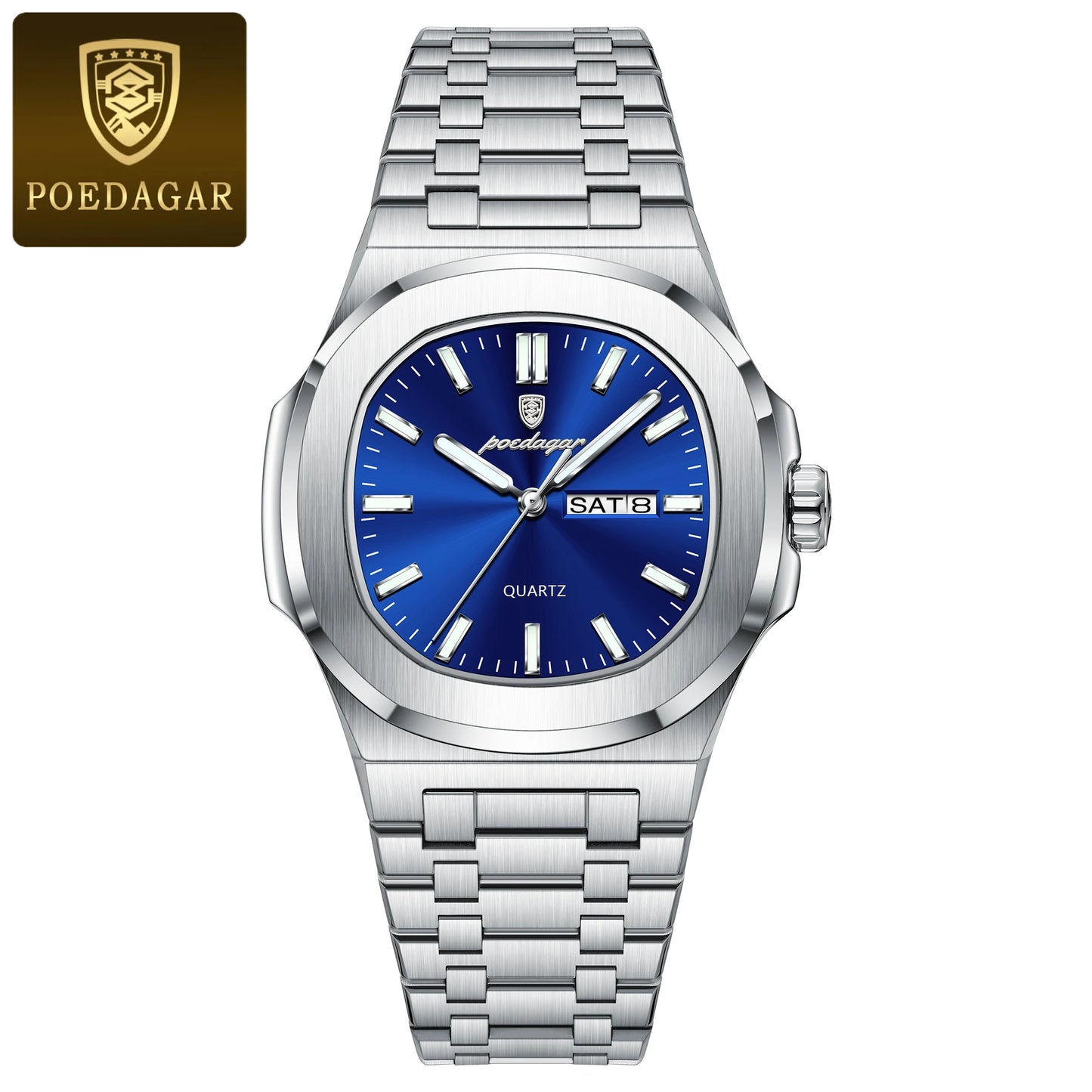 POEDAGAR Luxury Square Waterproof Stainless Steel Quartz Men's Watch