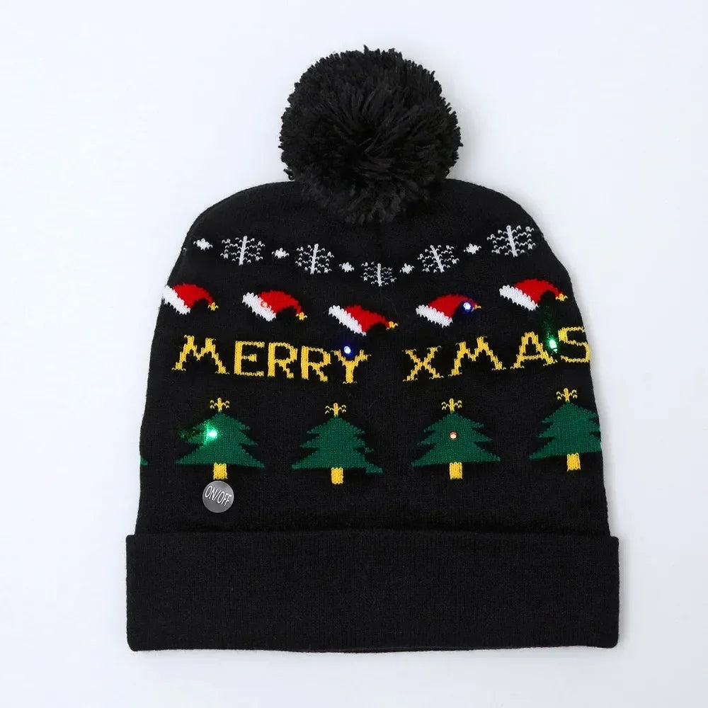 LED Christmas Knitted Hat Light Up Xmas Beanie Cap Unisex Winter Beanie