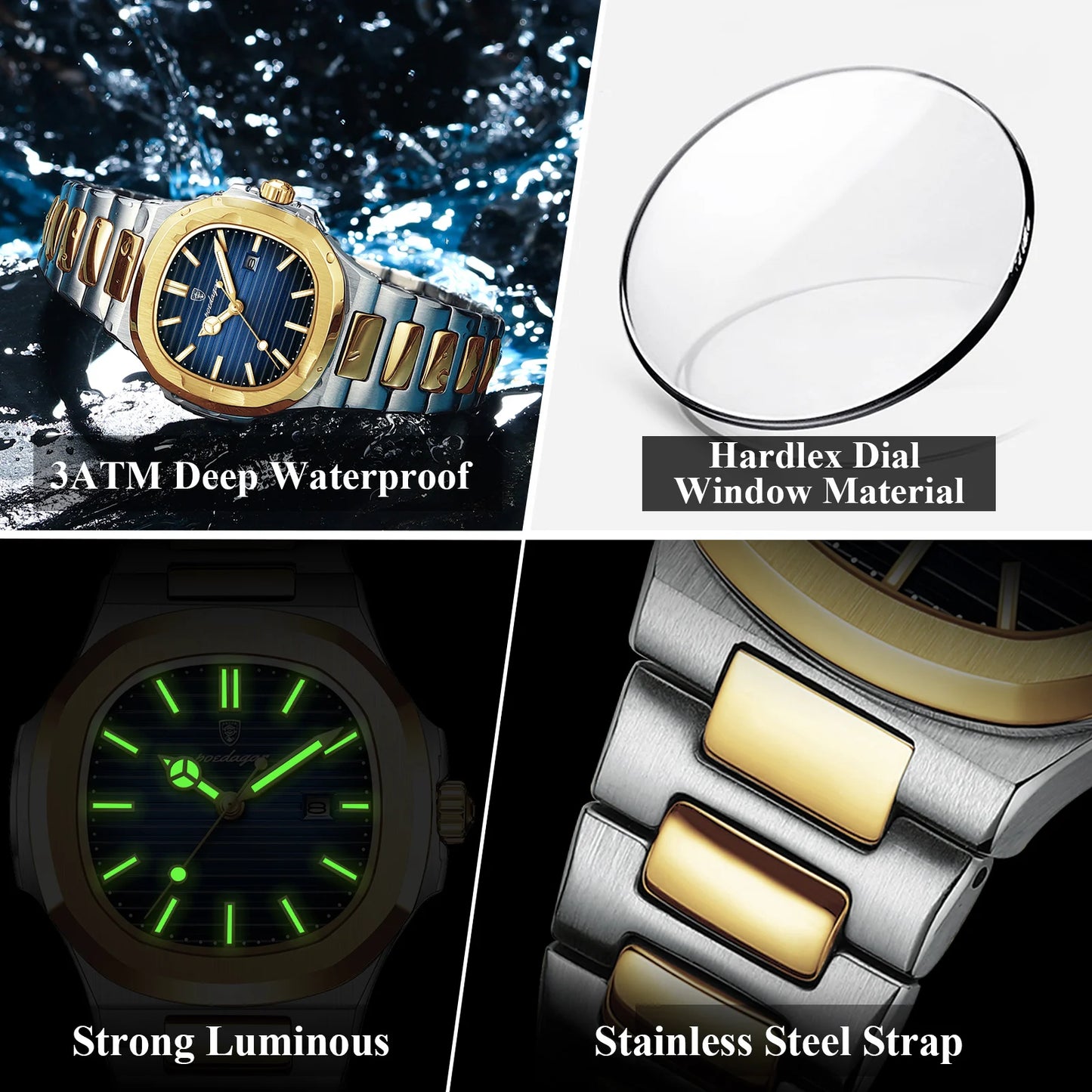 POEDAGAR Luxury Square Watch for Woman Waterproof Luminous Date Ladies Watch