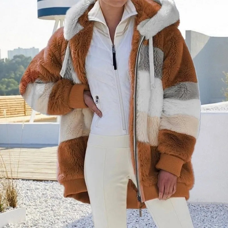 Autumn Winter Warm Plush Pocket Hooded Streetwear Loose Lady Outerwear