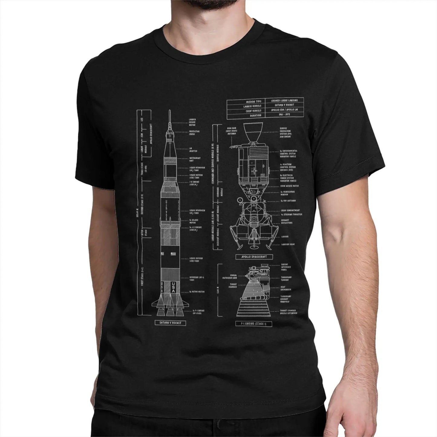 Men T-Shirt Saturn V  Apollo Crewed Lunar Expedition Artemis 100% Cotton Tees Short Sleeve T Shirt Round Neck Clothing Gift Idea