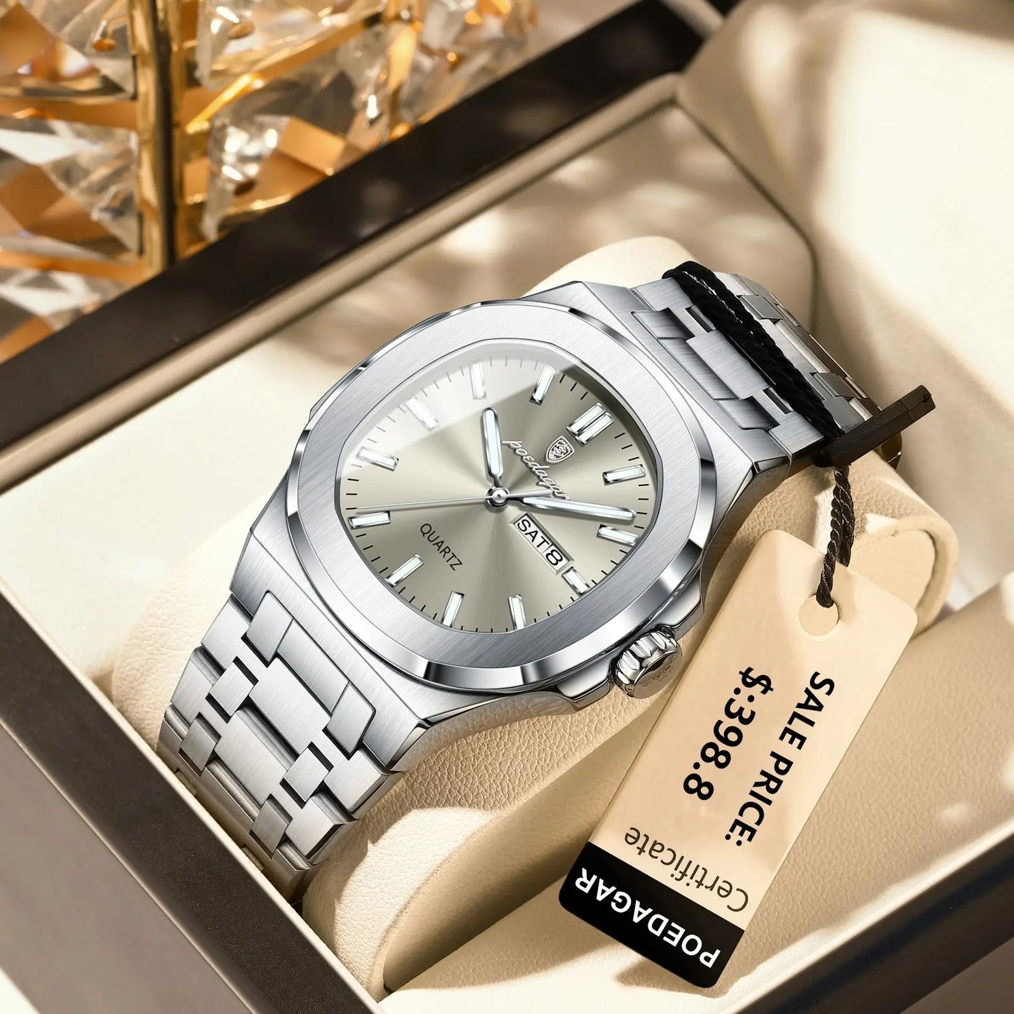 POEDAGAR Luxury Square Waterproof Stainless Steel Quartz Men's Watch
