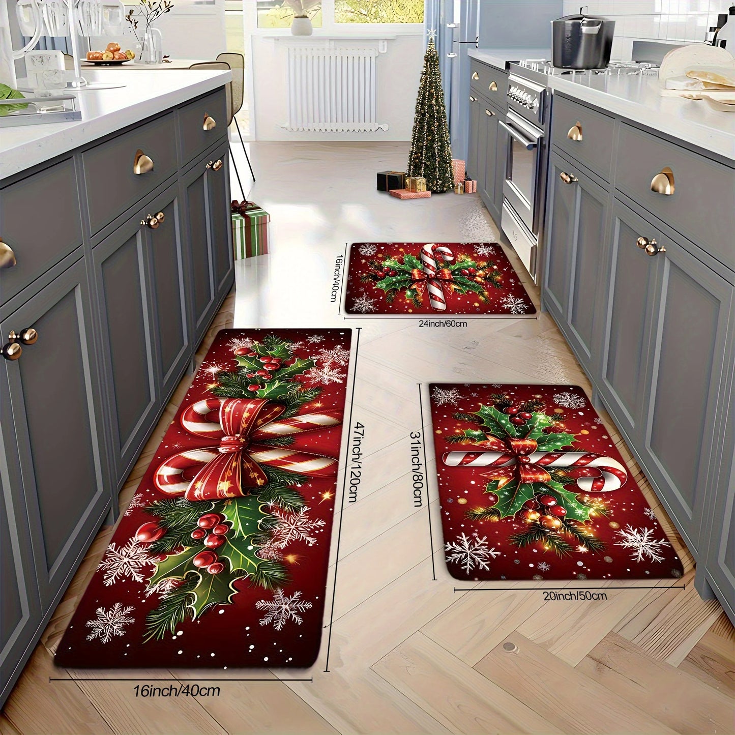 Merry Christmas Winter Decor Candy Canes Holly Snowflake Kitchen Mat