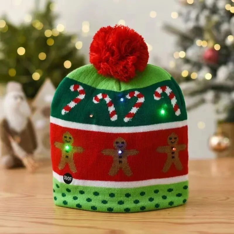 LED Christmas Knitted Hat Light Up Xmas Beanie Cap Unisex Winter Beanie