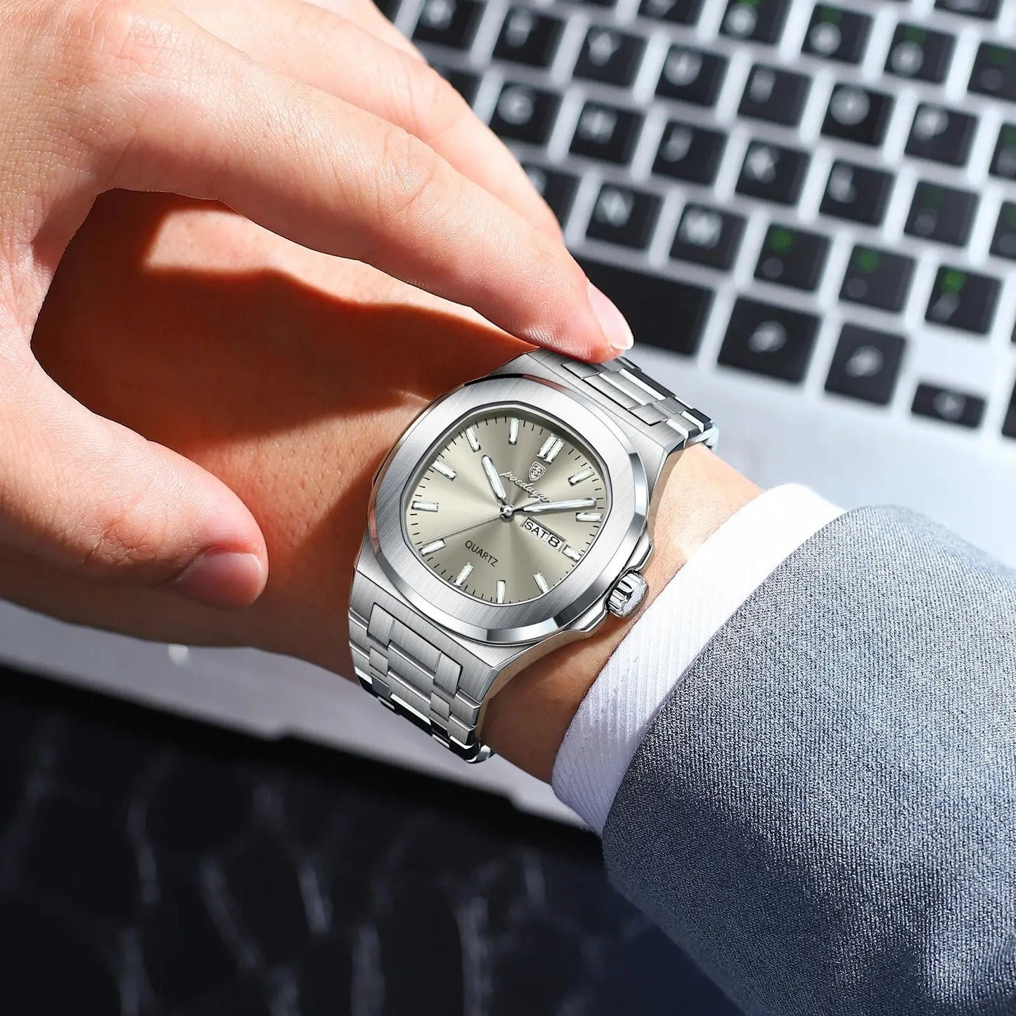 POEDAGAR Luxury Square Waterproof Stainless Steel Quartz Men's Watch