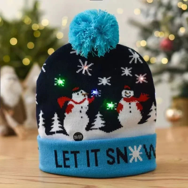 LED Christmas Knitted Hat Light Up Xmas Beanie Cap Unisex Winter Beanie
