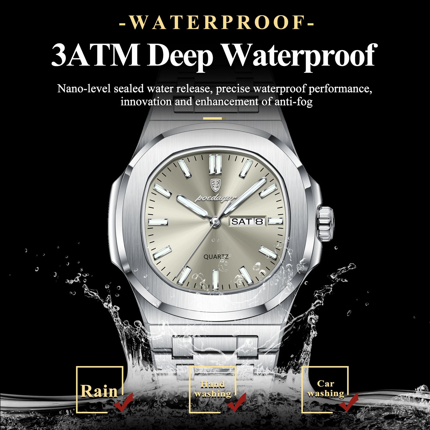 POEDAGAR Luxury Square Waterproof Stainless Steel Quartz Men's Watch